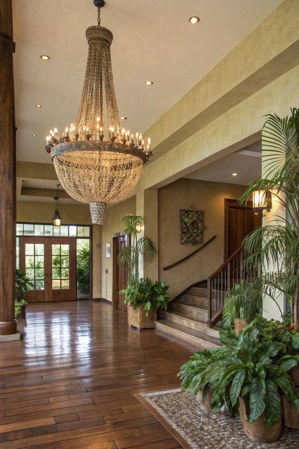 An eco-friendly chandelier adds a sustainable touch to this entrance hall.