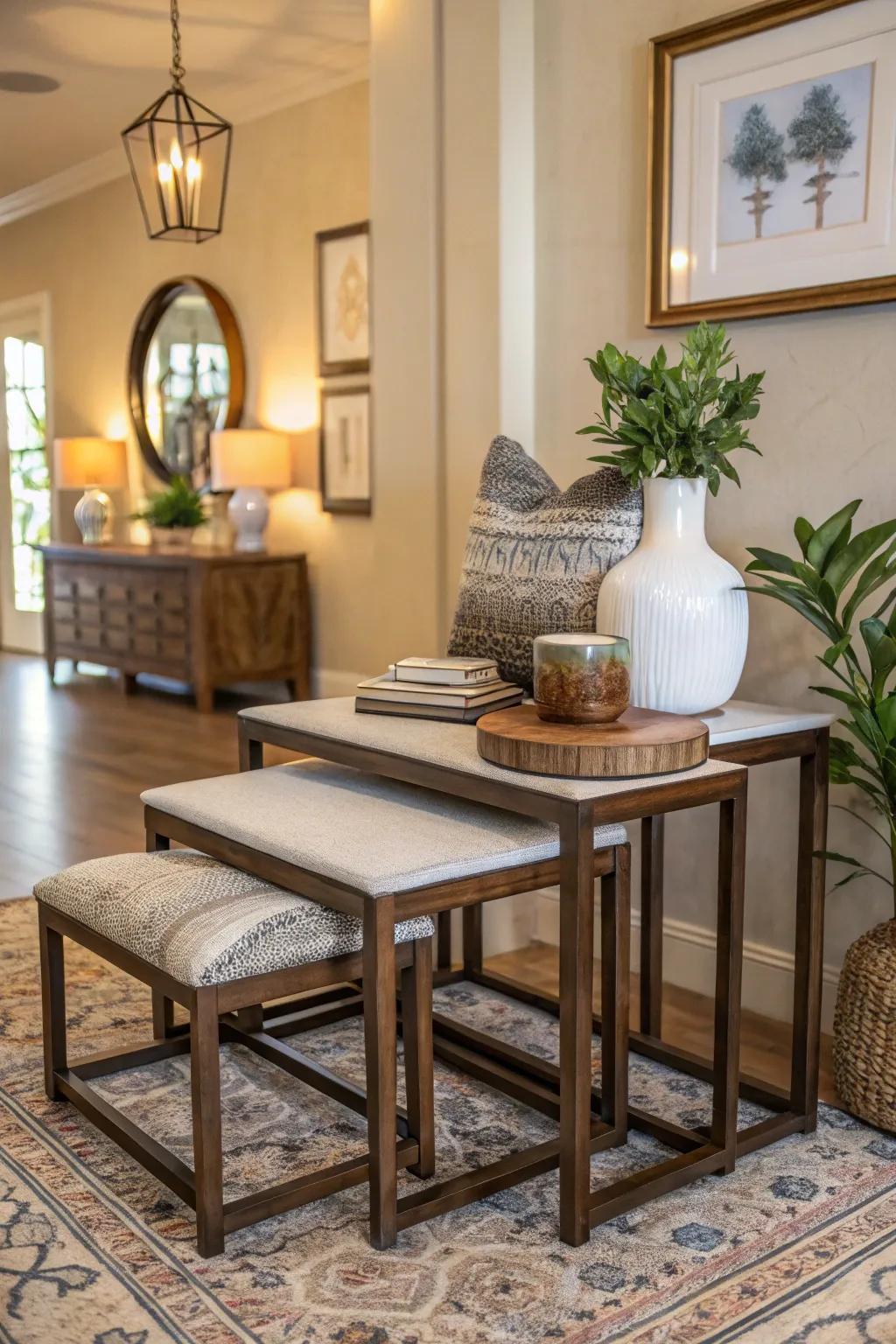 Nesting tables can optimize space and add appeal to a foyer.
