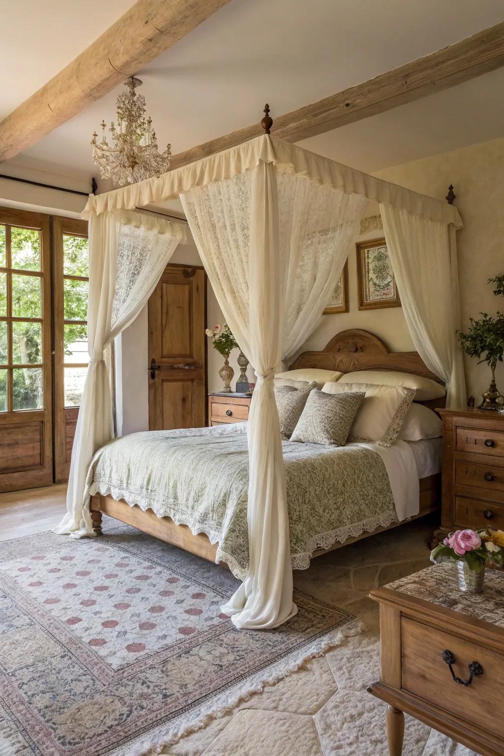 A canopy bed frame incorporates a romantic and majestic touch.