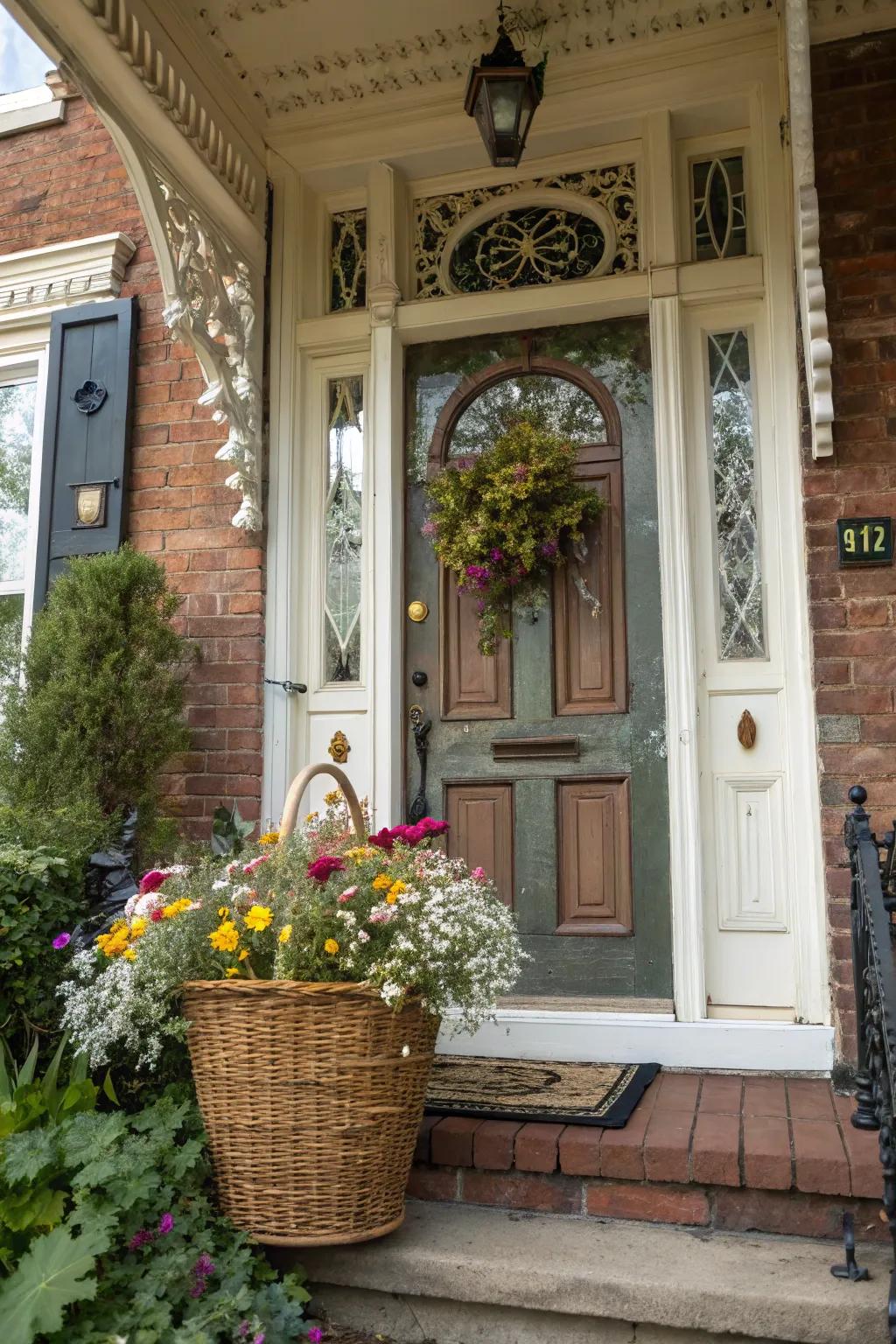 Time-worn baskets adorned with meadow flowers evoke charming nostalgia.