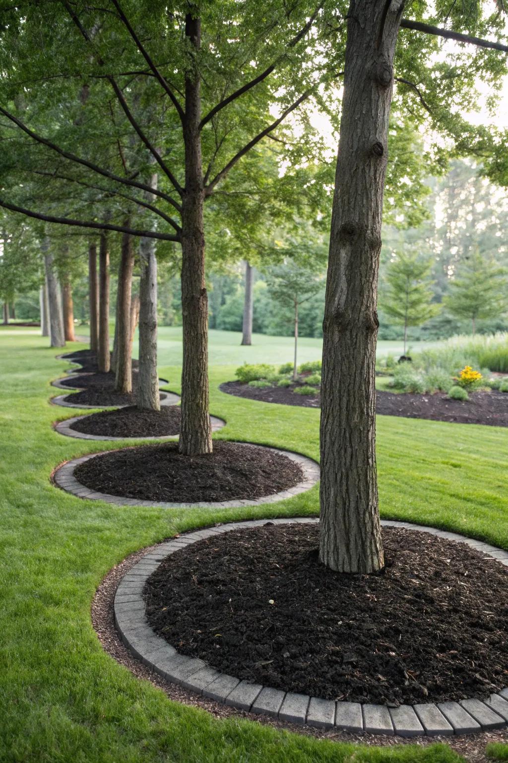 Ground cover rings around trees improve growth and aesthetics.