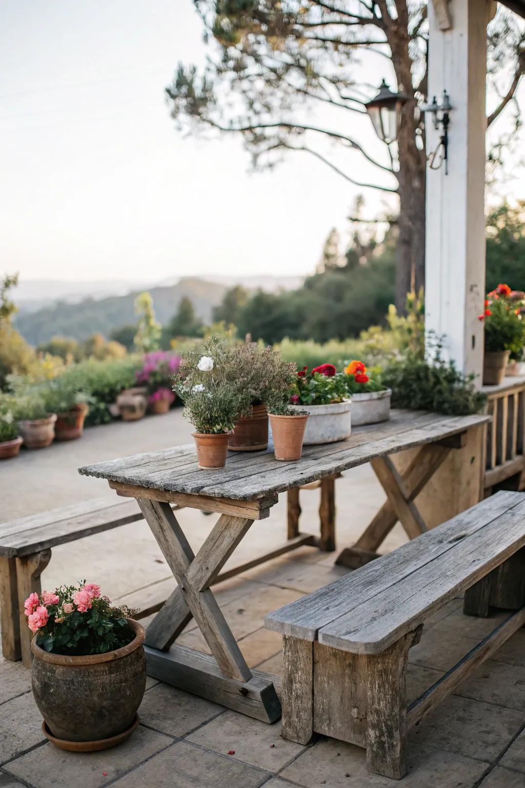 Wooden elements bring warmth and rustic appeal to outdoor areas.