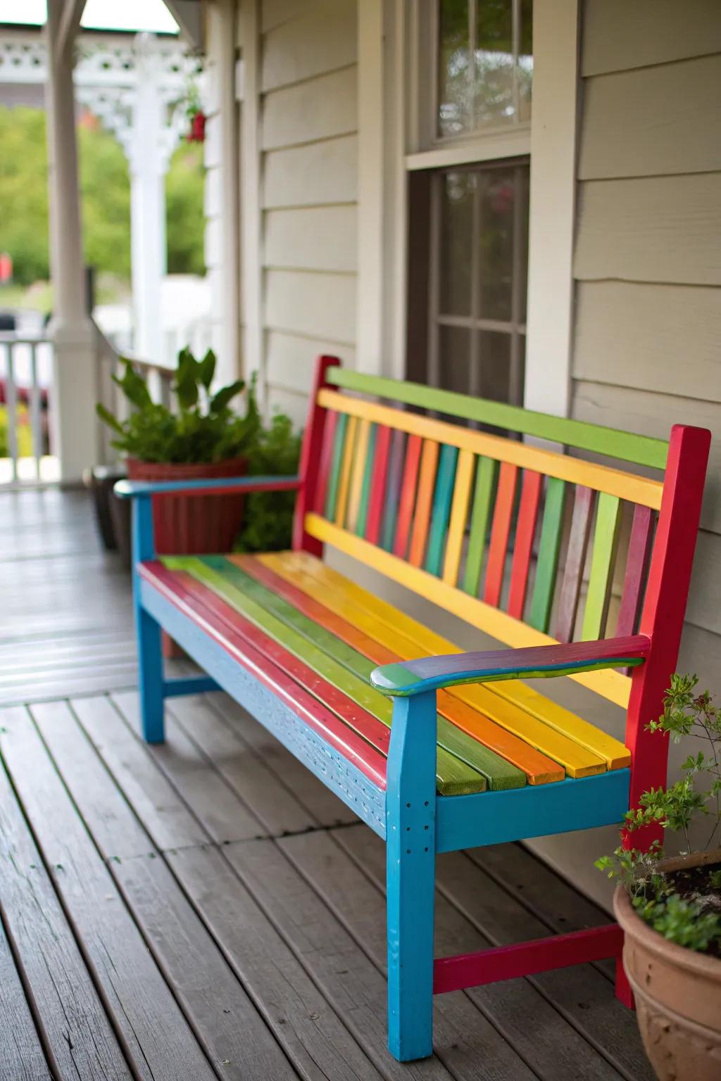 A brightly painted bench creates a cheerful porch atmosphere.