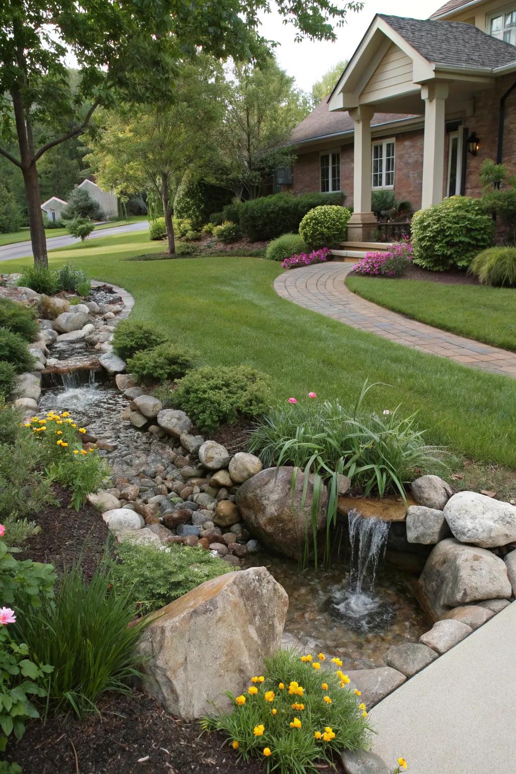 A water feature introduces a peaceful component to your berm.