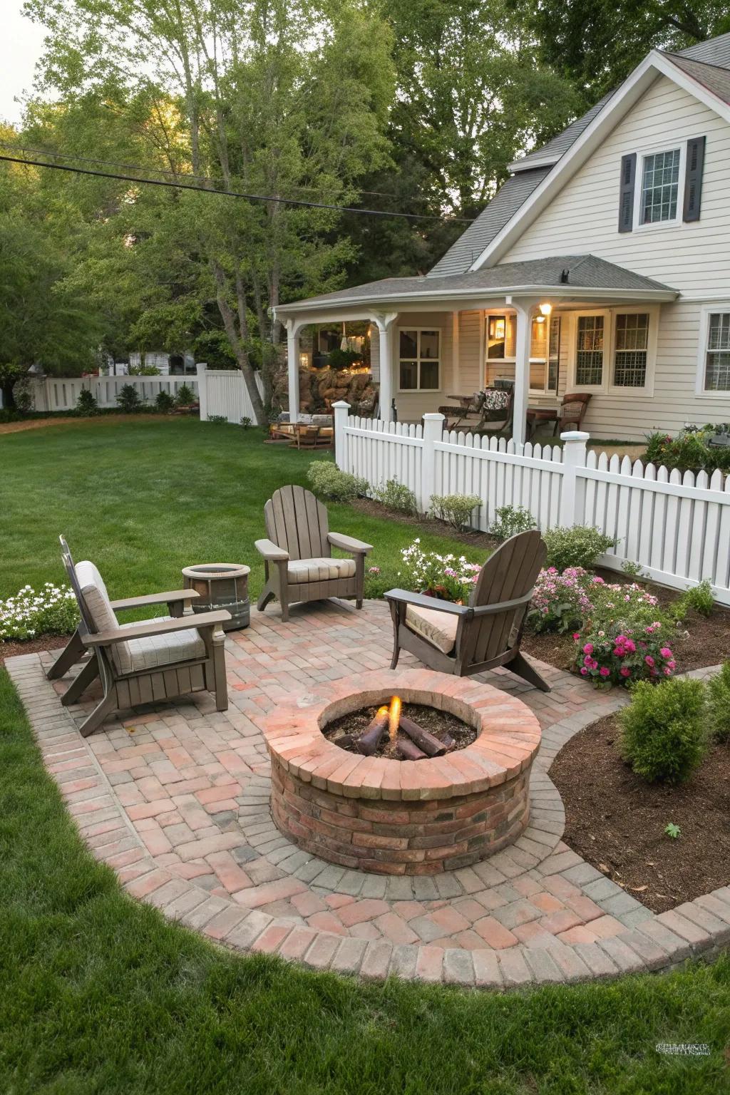A brick bonfire area becomes the heart of outdoor gatherings.