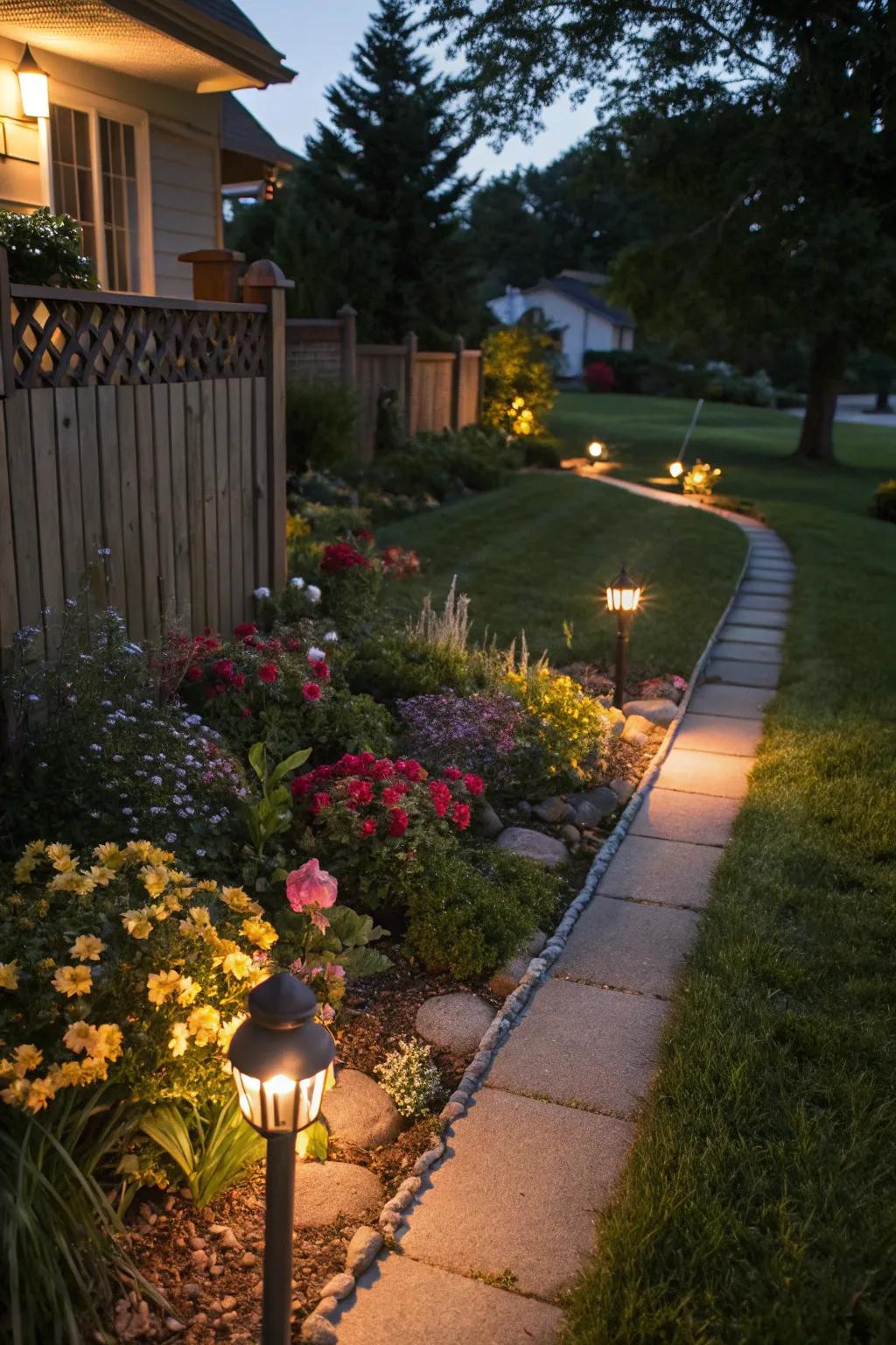 Create an evening sparkle using lighting in your flower beds.