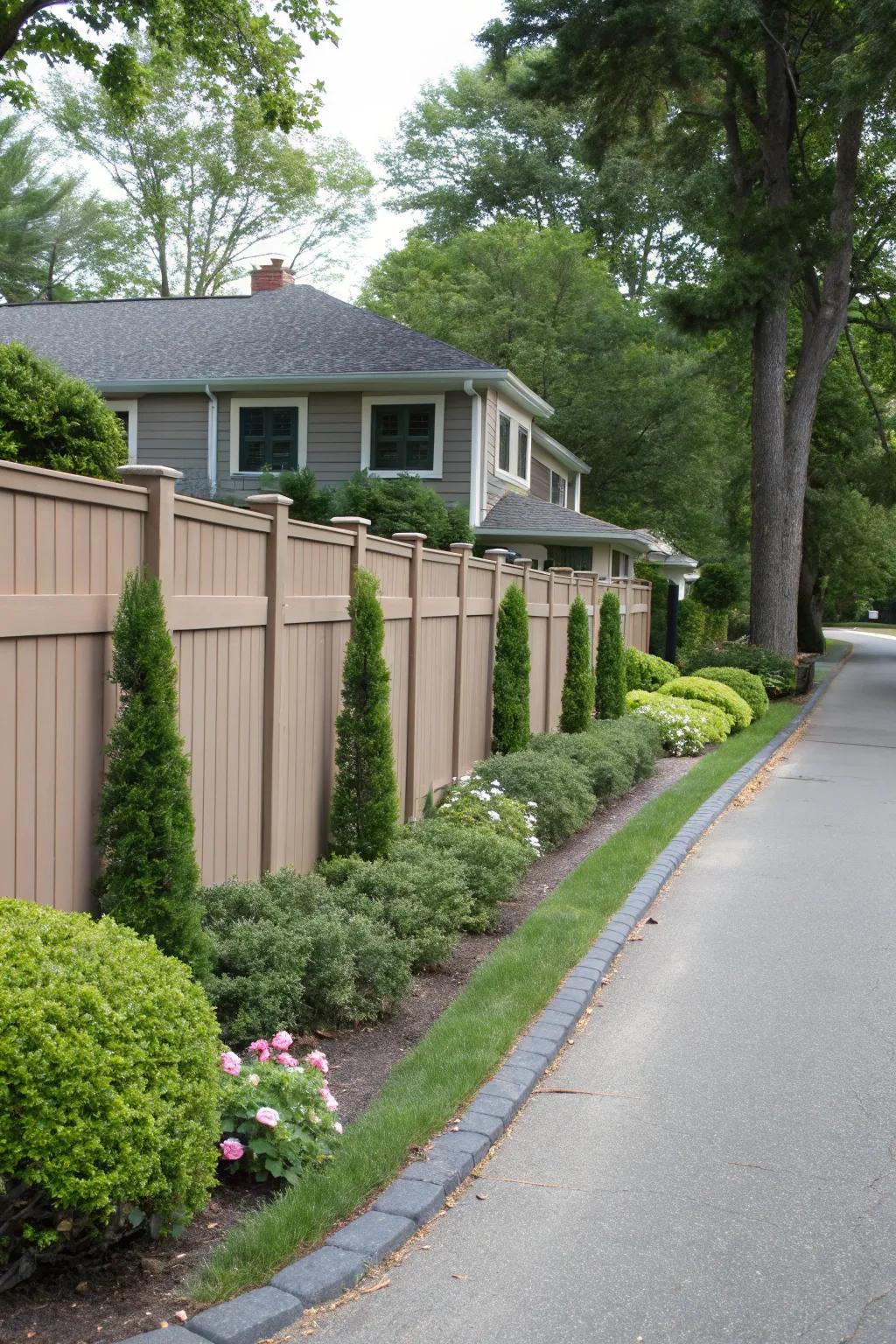 An eco-friendly composite fence offers durability and sustainability for this modern home.