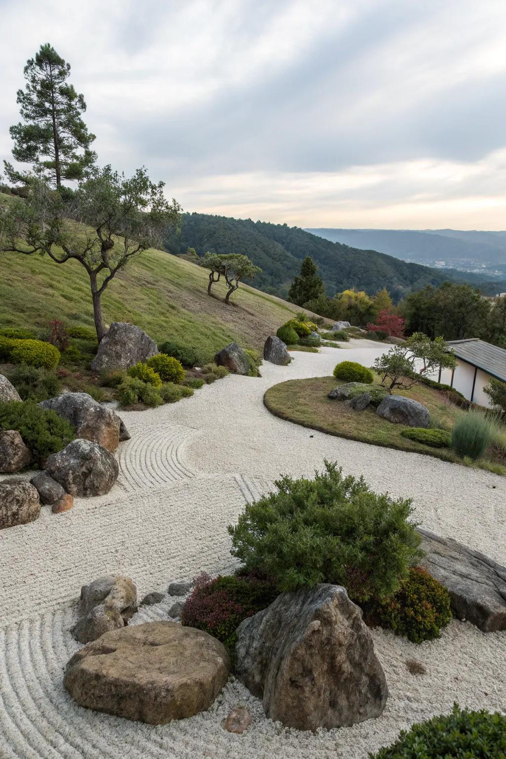 A Zen rock garden introduces calm and simplicity to your slope.