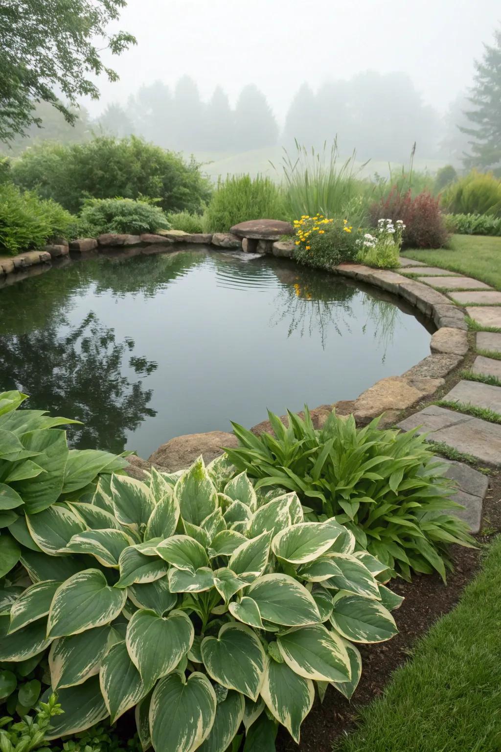 Shadeleaf plants soften edges around water elements beautifully.