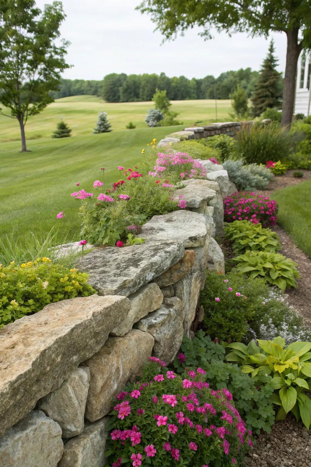A stone wall offering privacy and functioning as a backdrop in a garden.