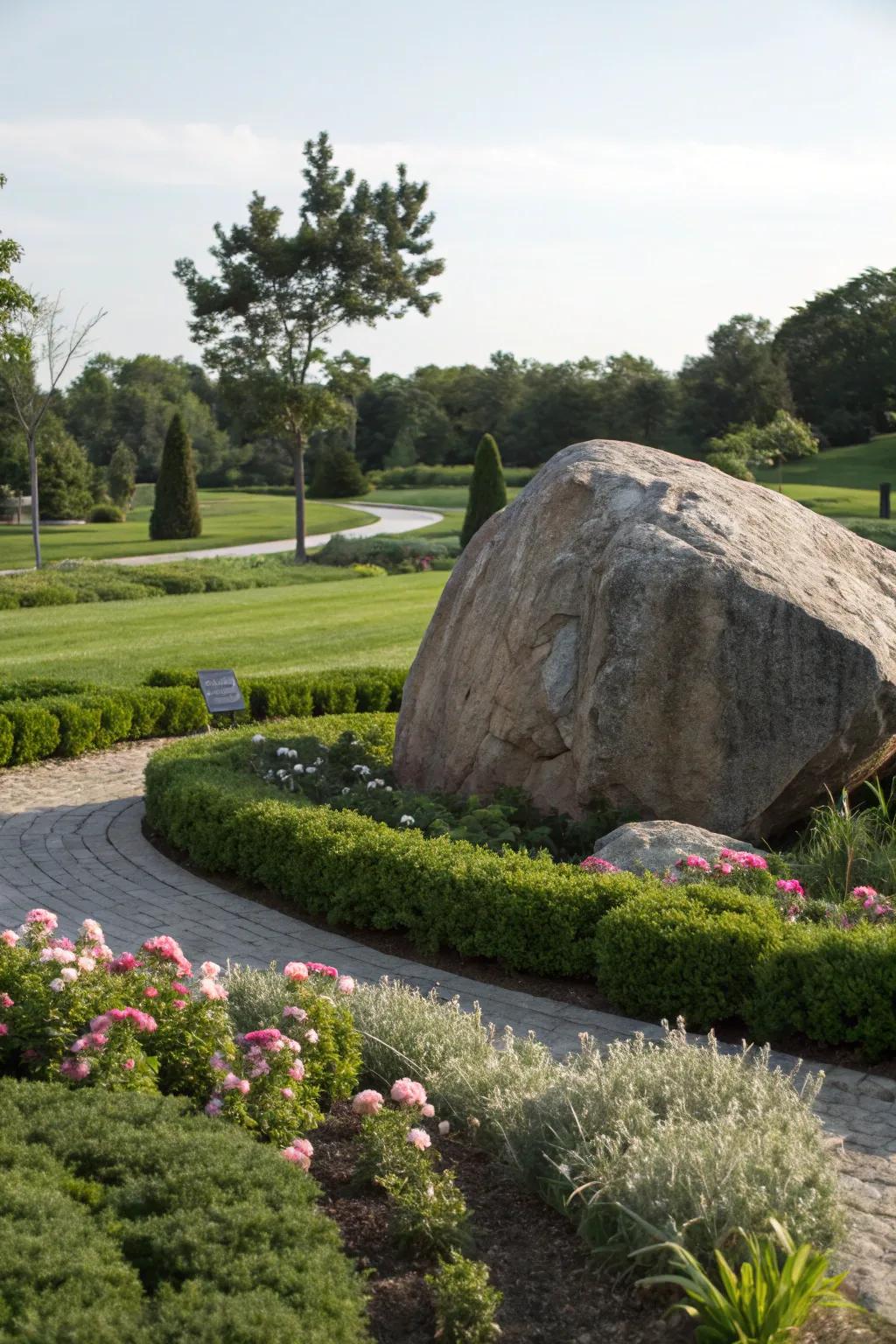 A striking solitary stone captures the eye in the garden.