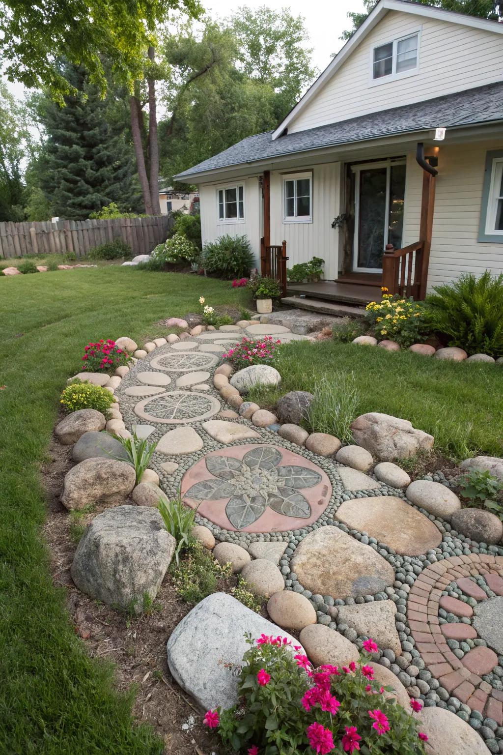 Construct an artistic mosaic utilizing massive stones within your terrain.