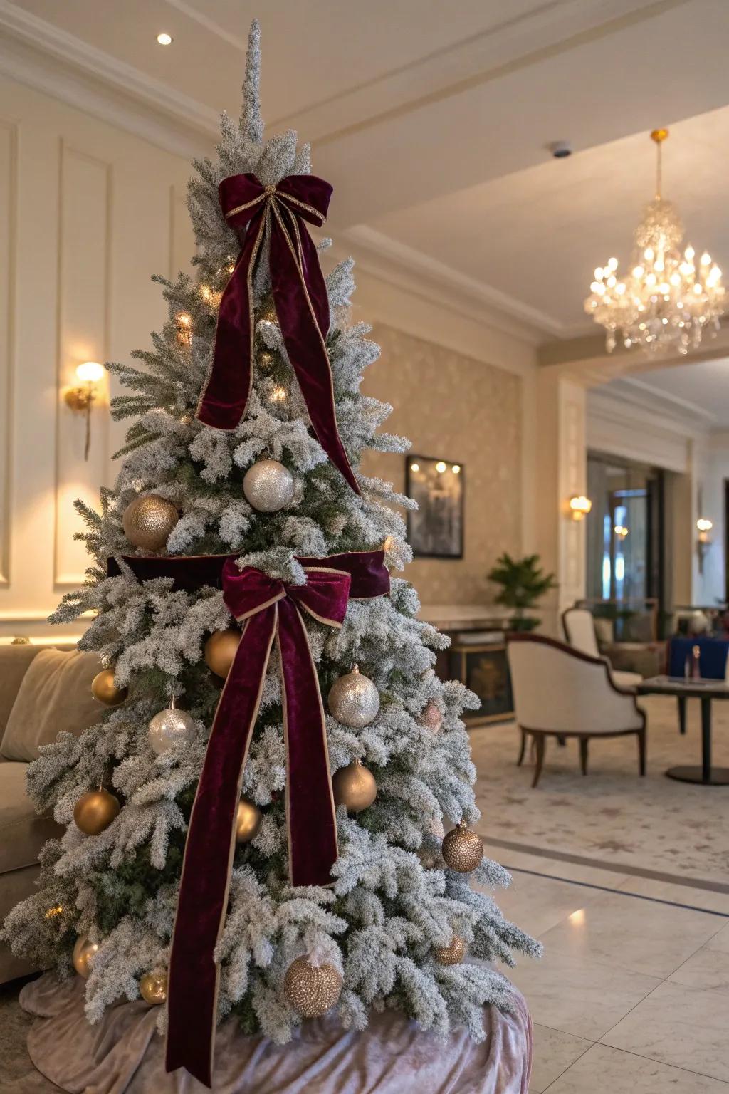 Velvet bands contribute a luxurious element to this snow-kissed tree.