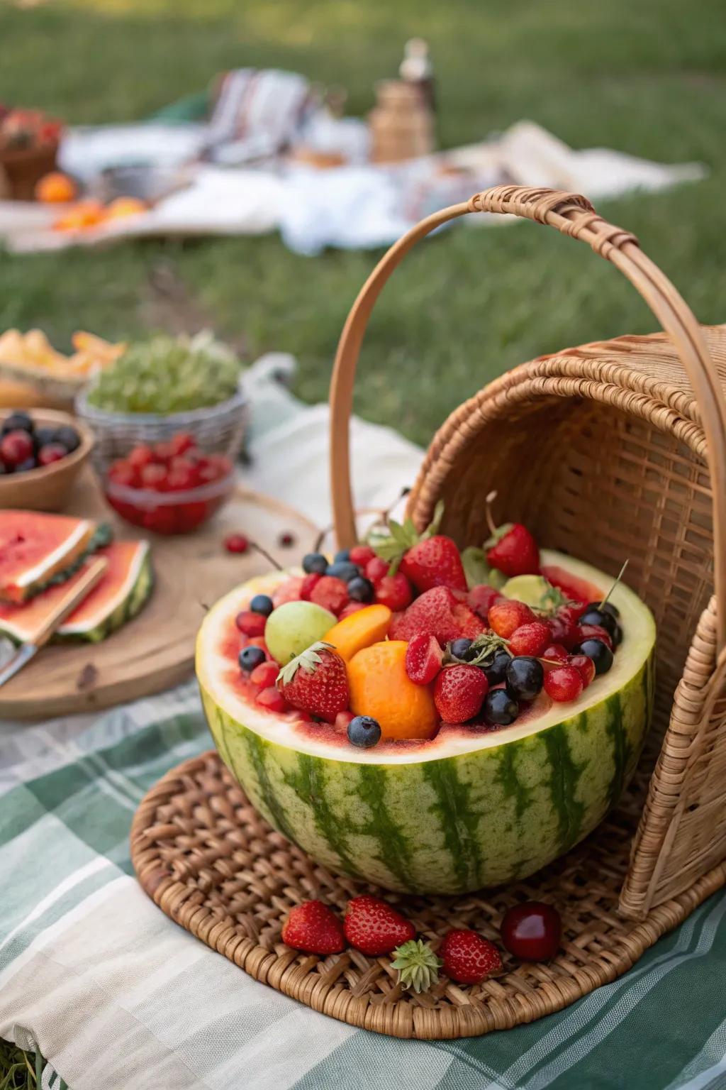 For serving fruit salad, a watermelon basket is both useful and festive.
