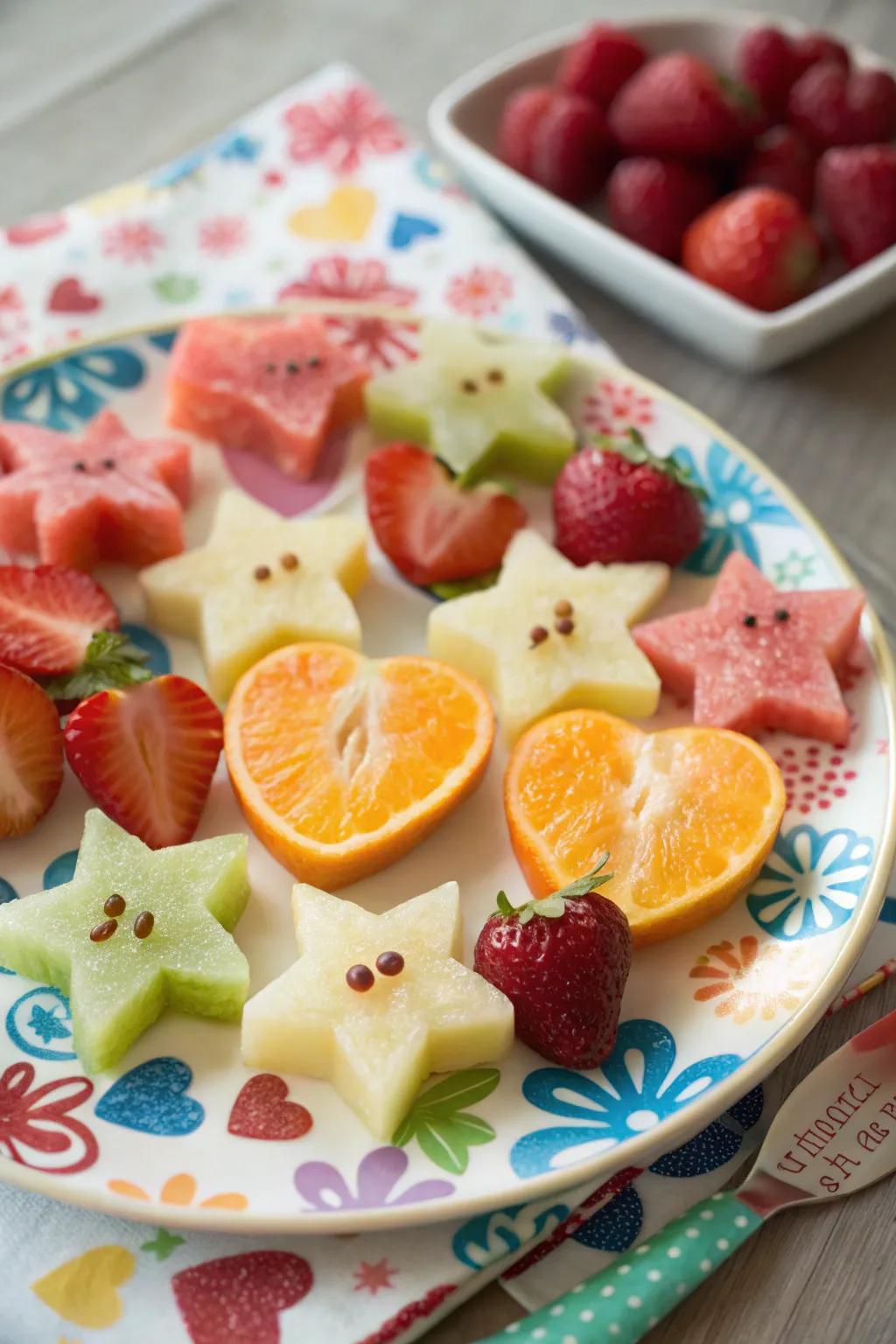 A jovial fruit tray featuring playful shapes.