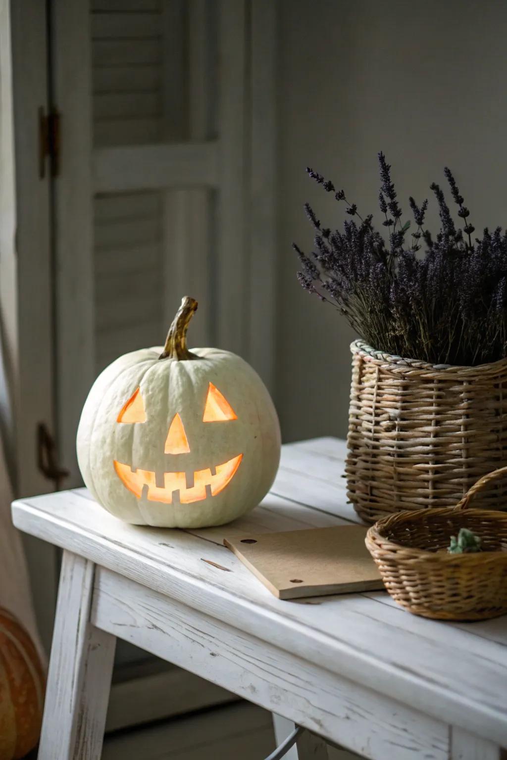 Illuminate your Halloween with minimalistic glow-in-the-dark pumpkin art. Perfect for those who cherish simplicity with a touch of boho flair.