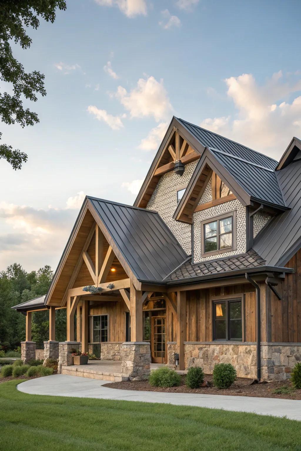 Mixed materials impart rich texture to gables.