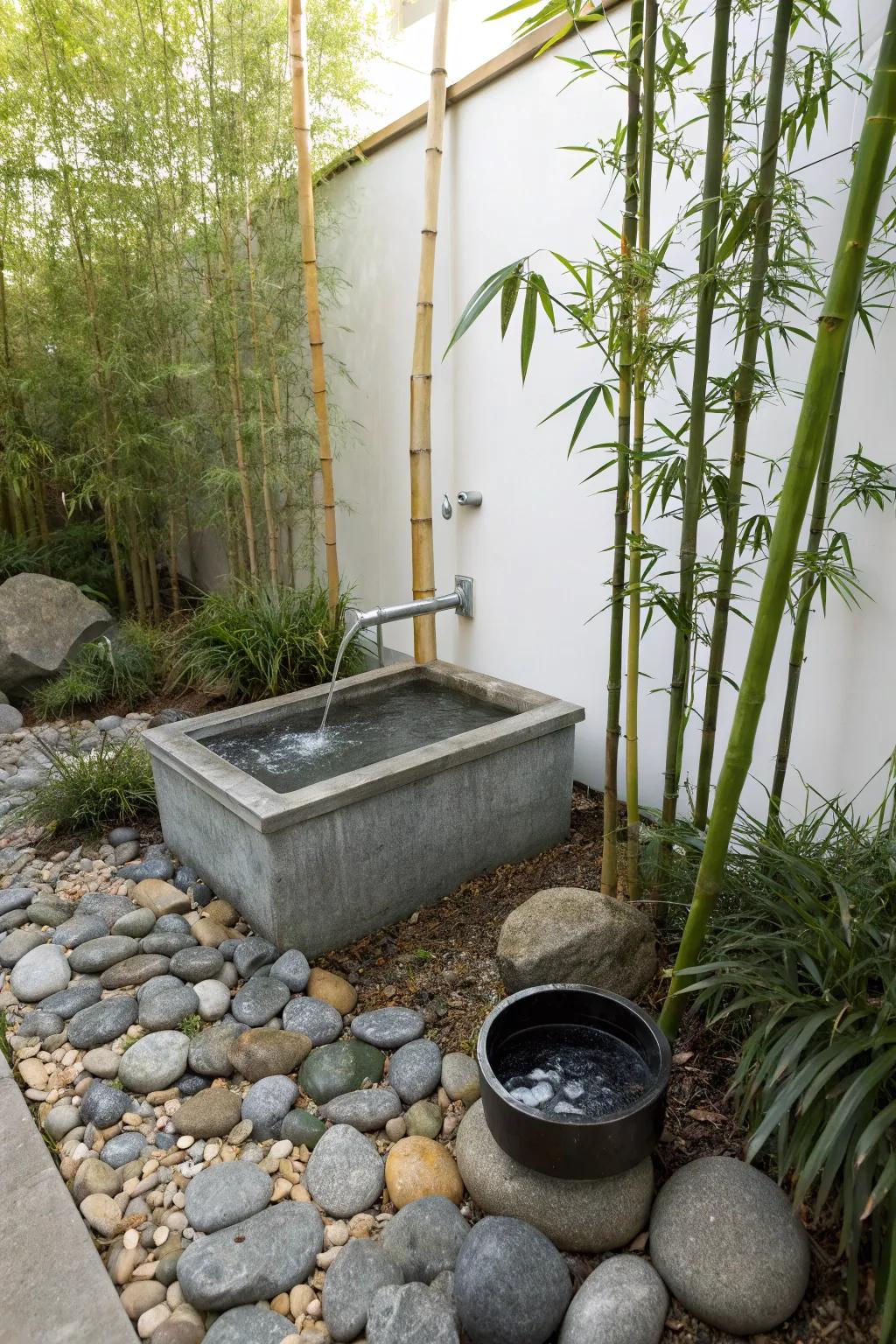 A galvanized container fountain forming the center of a Zen garden retreat.