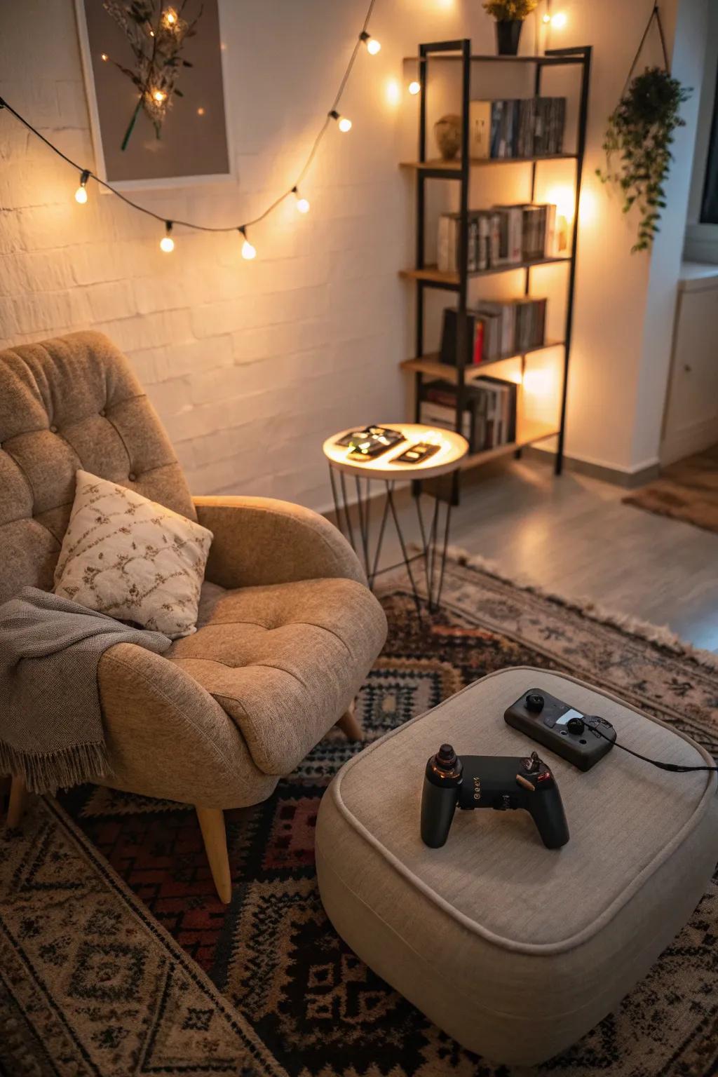 A comfortable nook offers relaxation during gaming.
