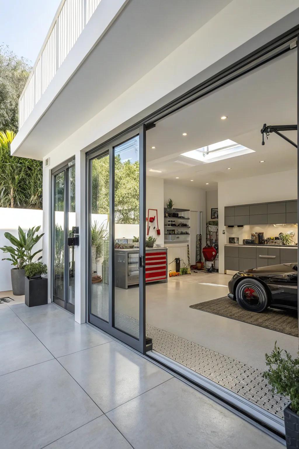 A garage with stylish and functional glass doors.