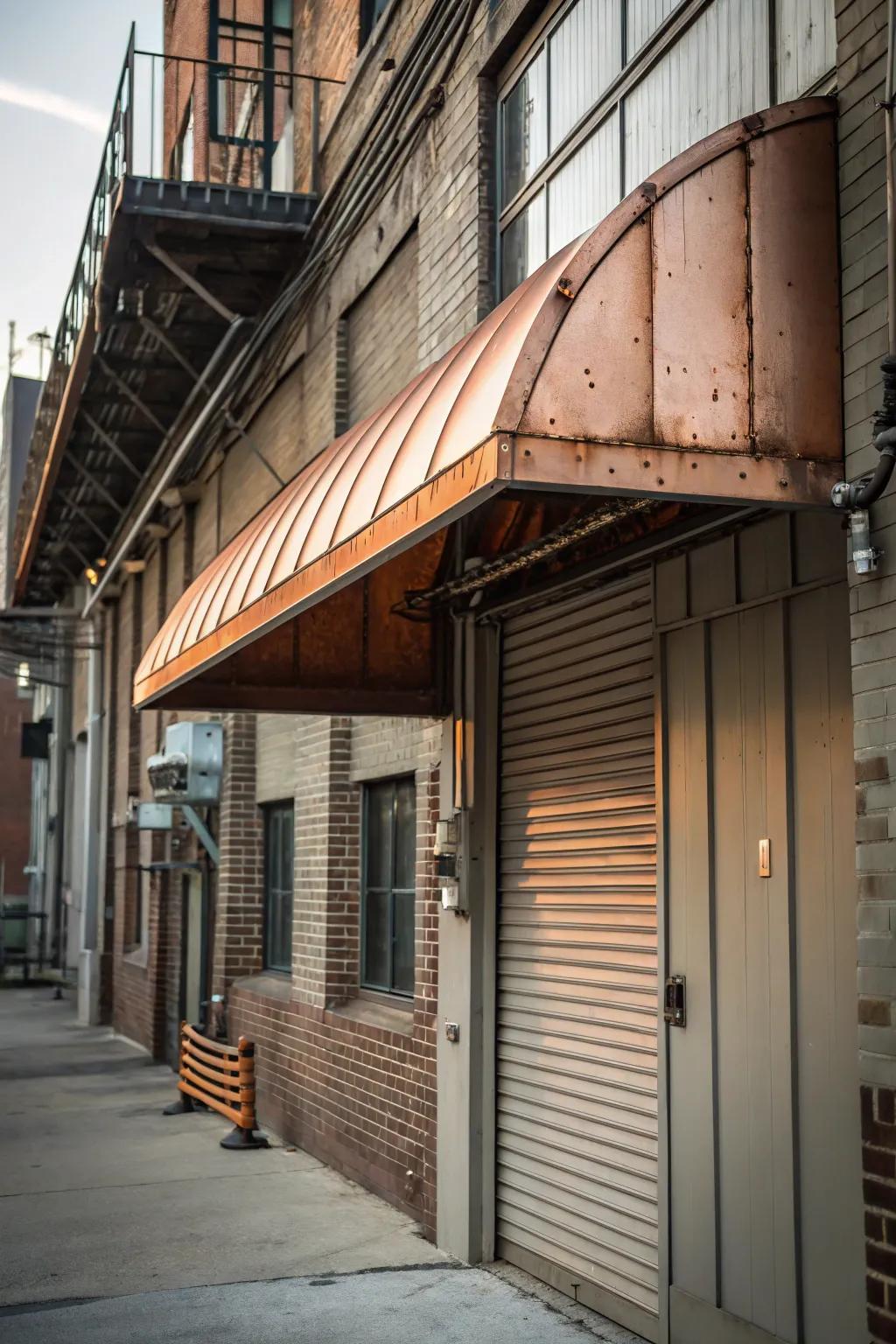 Distinctive traditional copper overhead cover with industrial flair.