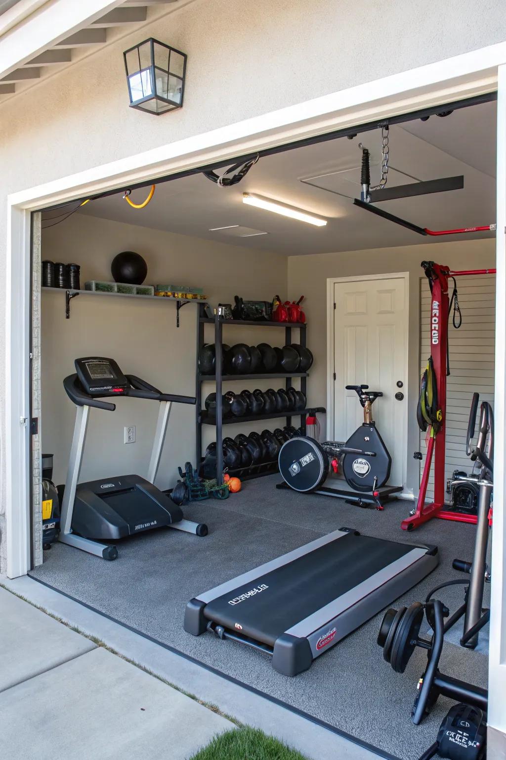 A home fitness center seamlessly incorporated into a garage.