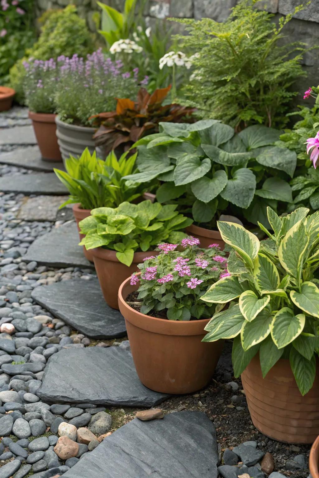 Fashion a sophisticated container garden with stone fragments serving as a base.