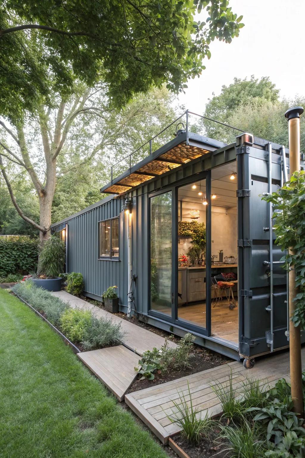 An industrial-style garden office in a shipping container, offering resilience and style.