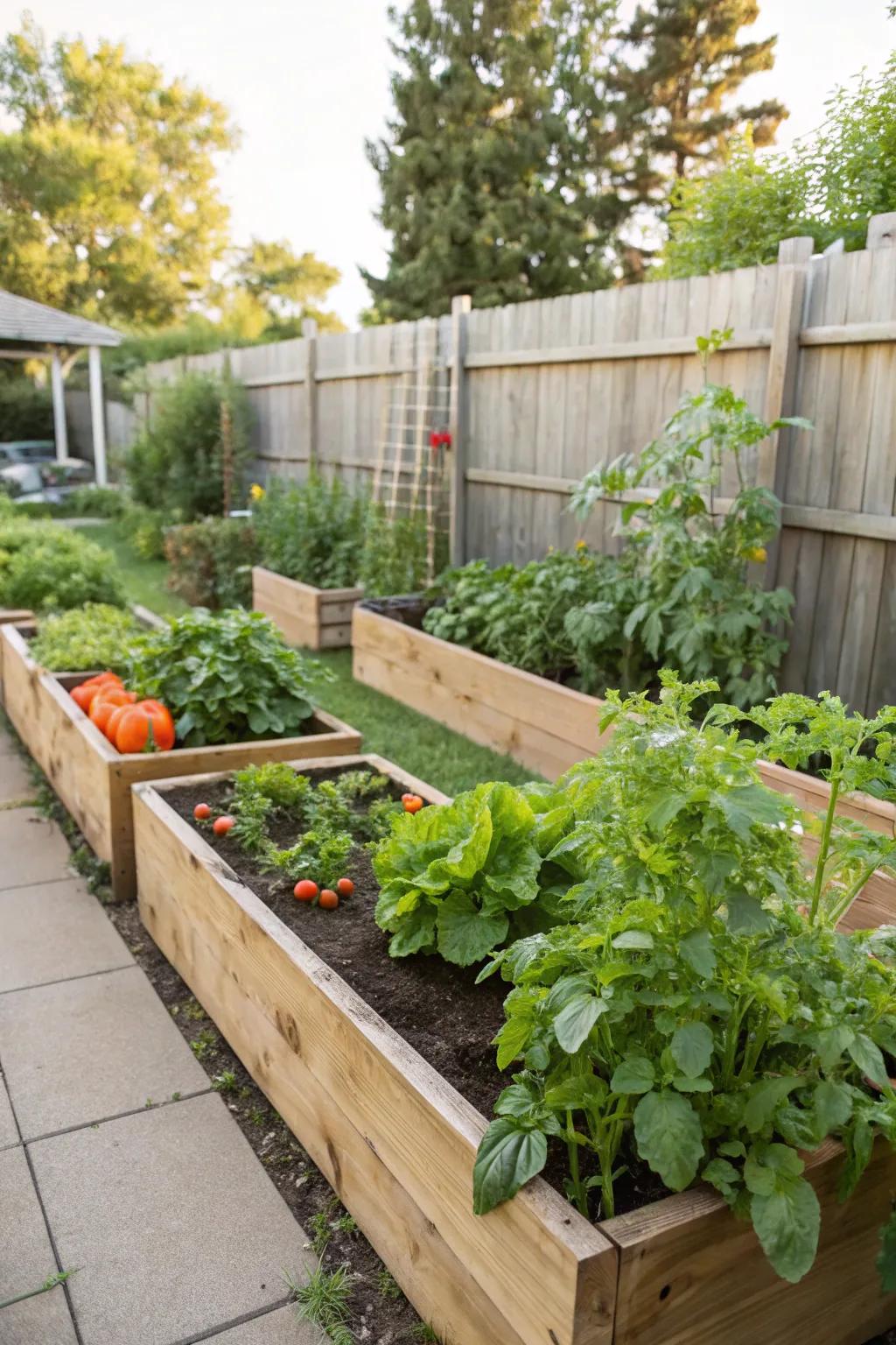 Elevated garden beds filled with flourishing vegetables.