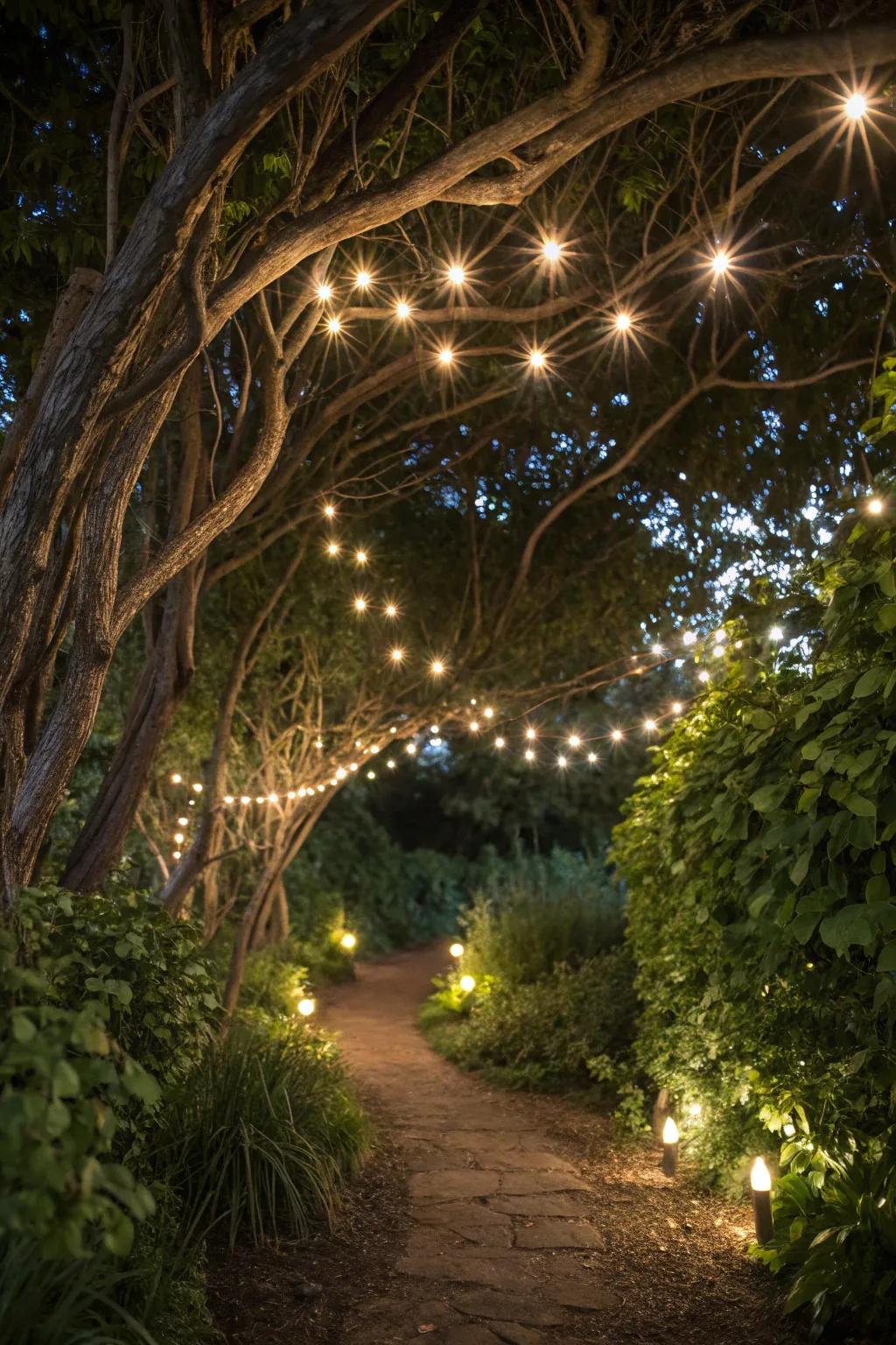 Glistening fairy lights generating a magical ambiance within the garden.