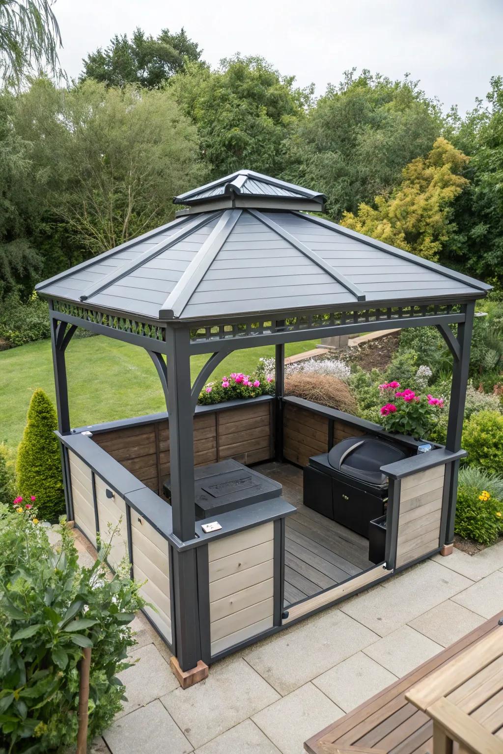 A gazebo with a roll-back roof, providing flexibility for any occasion.