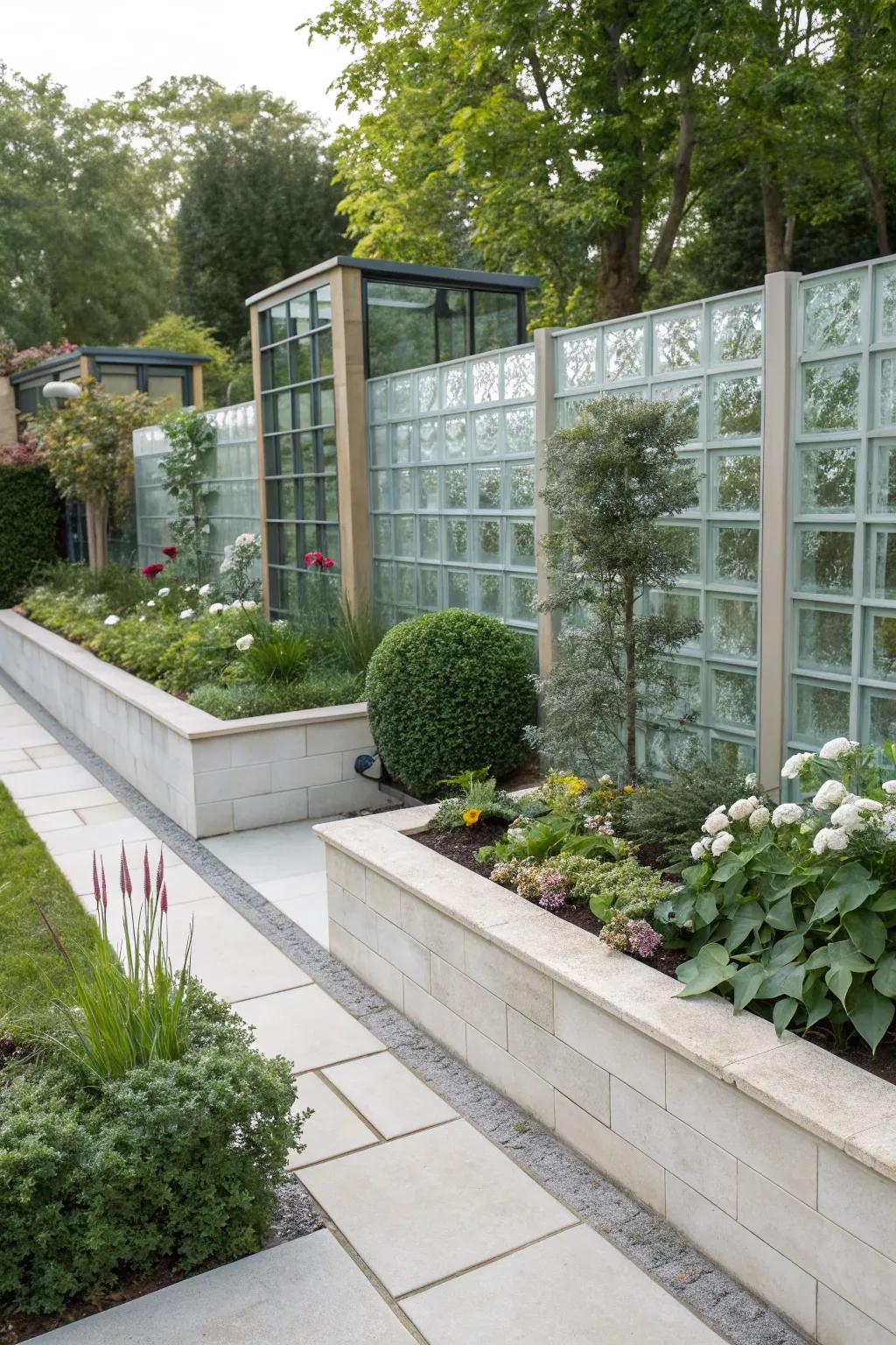 A garden showcasing glass block borders, which incorporates a modern, light-capturing element into the landscape.