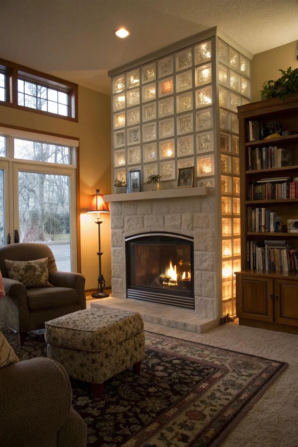 A fireplace with a modern glass brick surround.