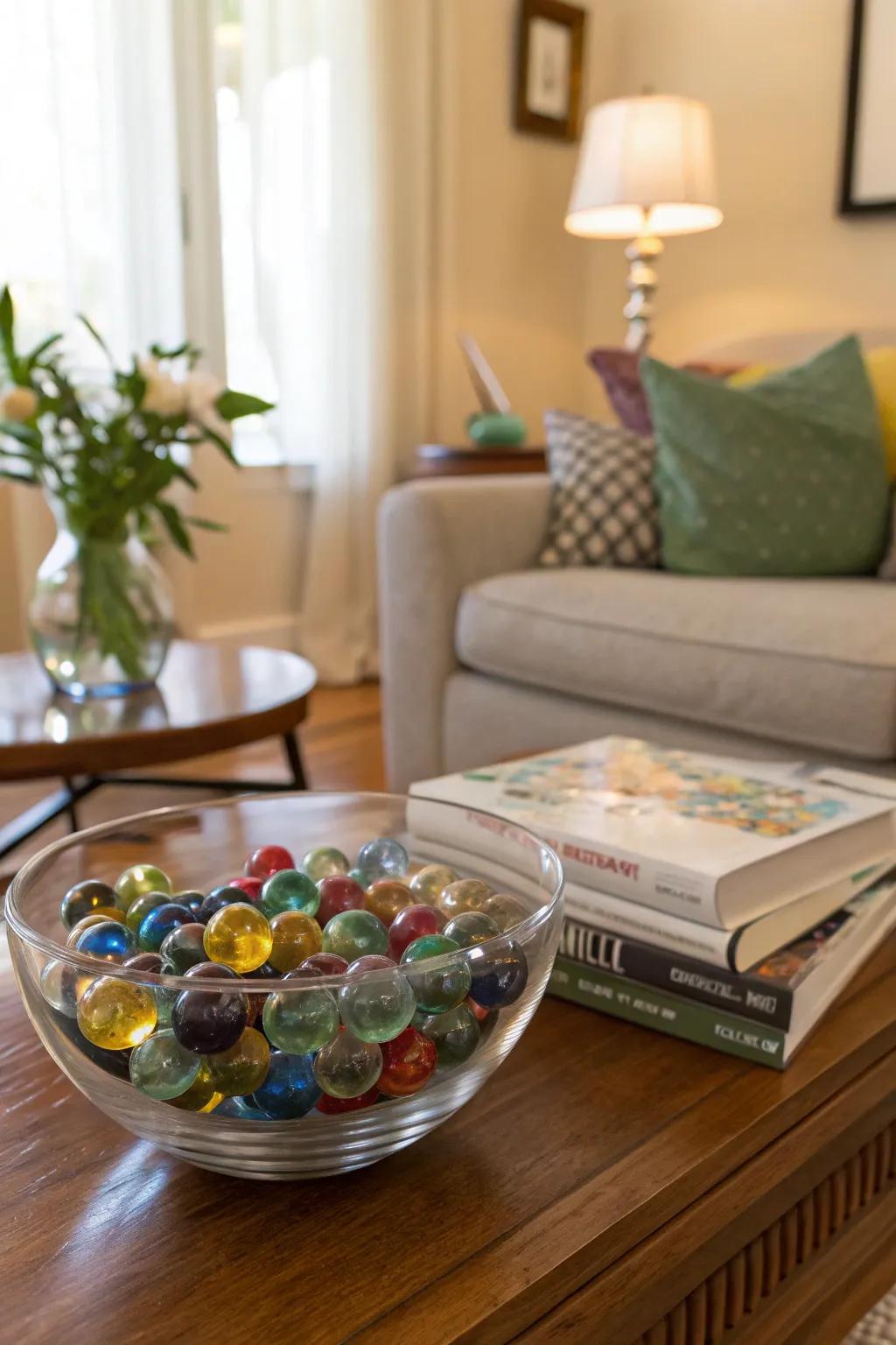 A vibrant and spirited display of playing pieces within a glass bowl.
