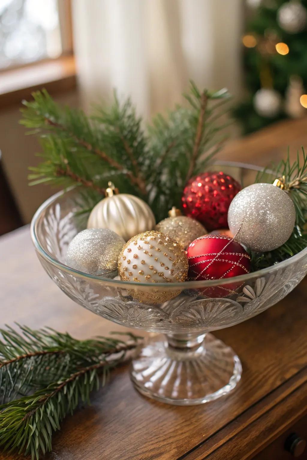 Vintage baubles contribute sentimental enchantment to a clear vessel.