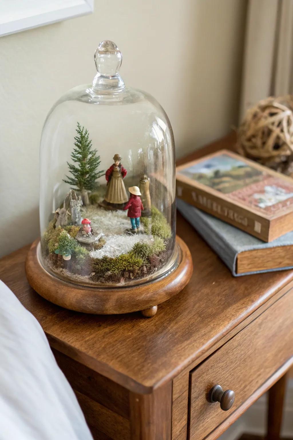 A small diorama with figurines produces a storytelling display screen under a glass dome.