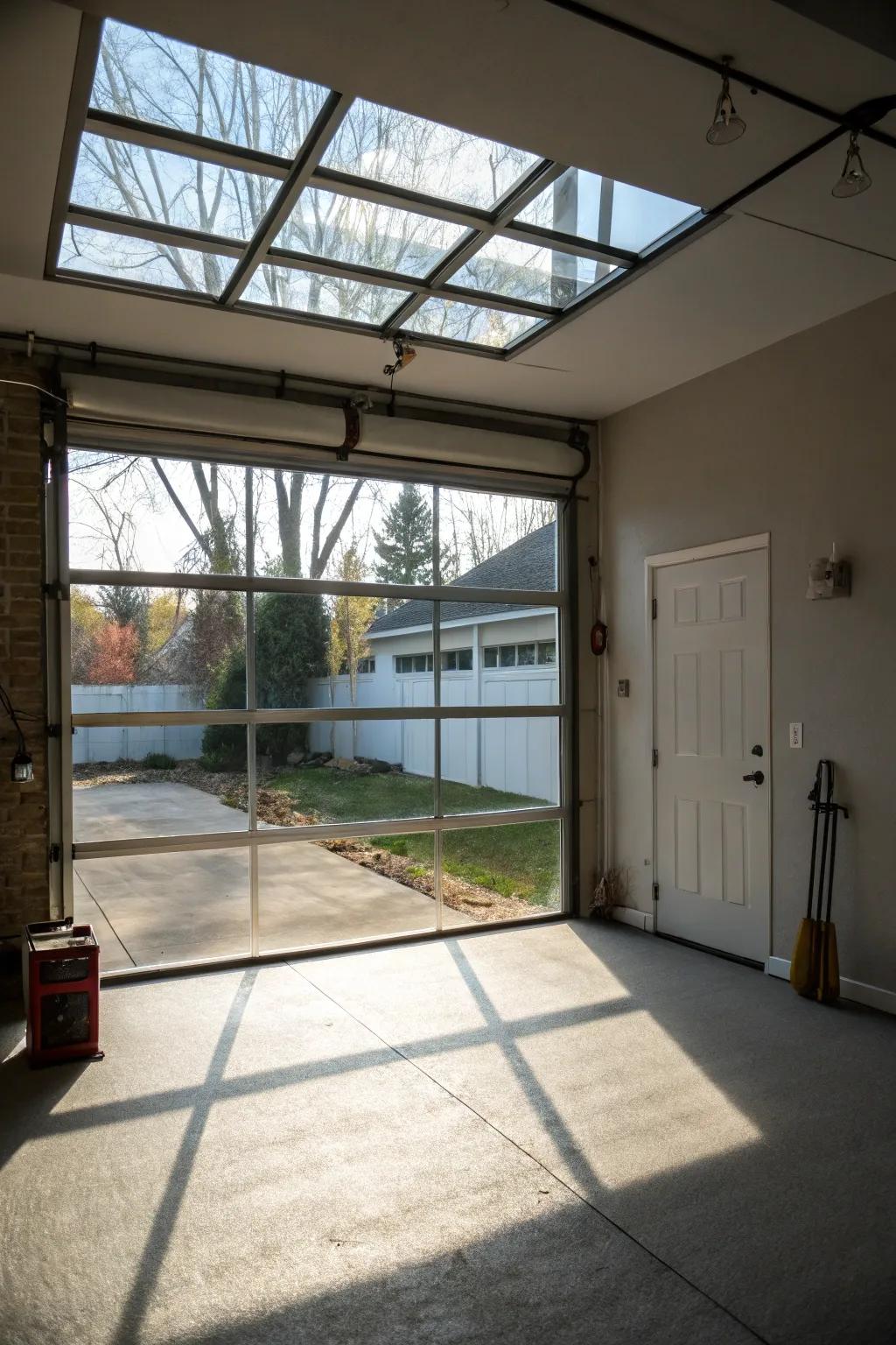 A lower level transformed by the natural light of a glass garage door.