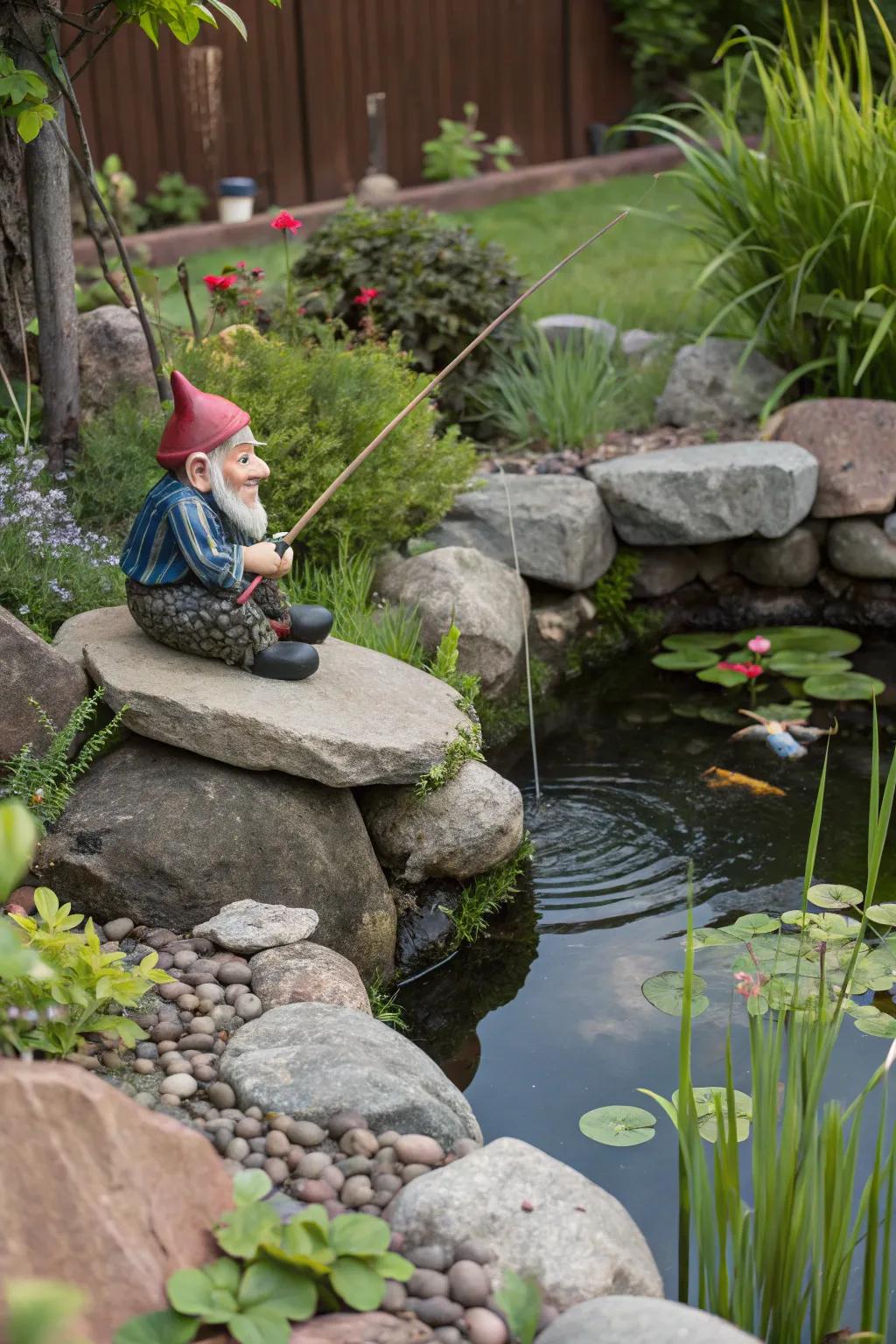 A playful gnome fishing water feature for enhanced garden whimsy.