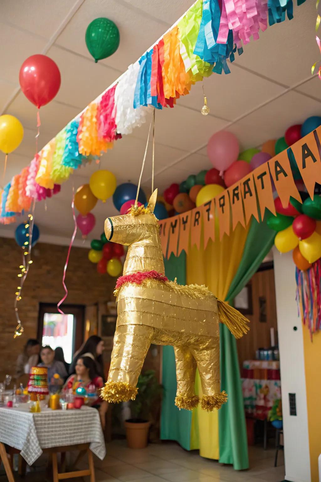 A golden piñata is both delightful and ornamental.