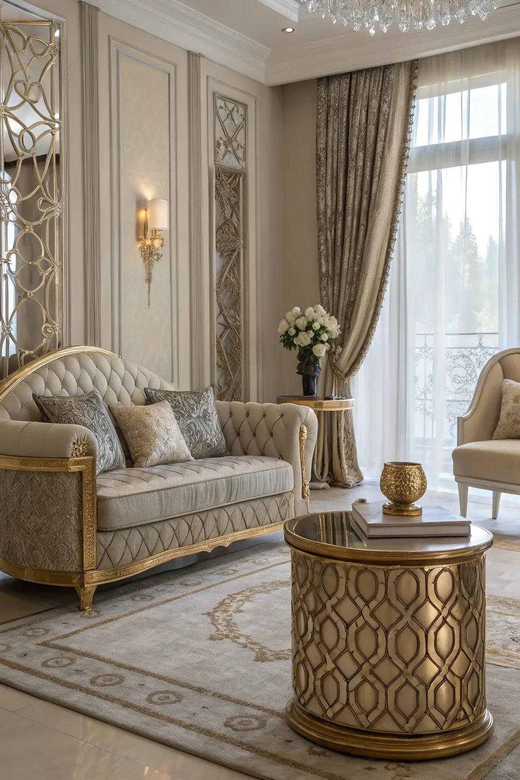 Metallic art accents giving a sense of luxury and refinement.