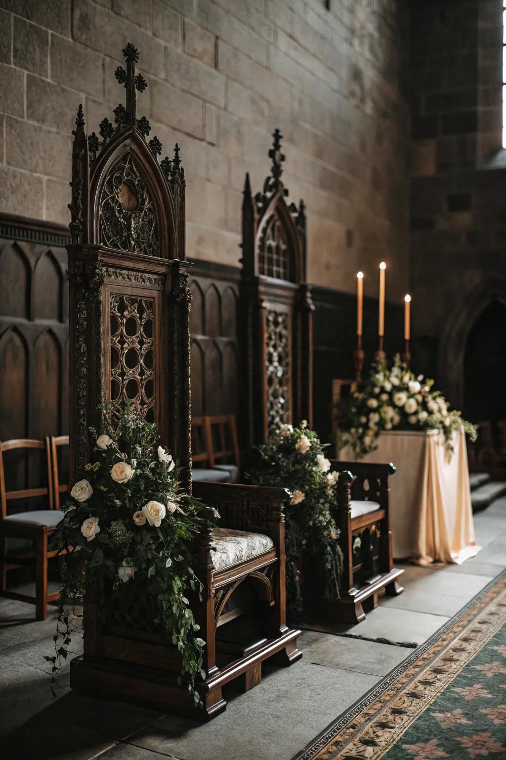 A gothic wedding seating configuration showcasing decorative antiquated seats.