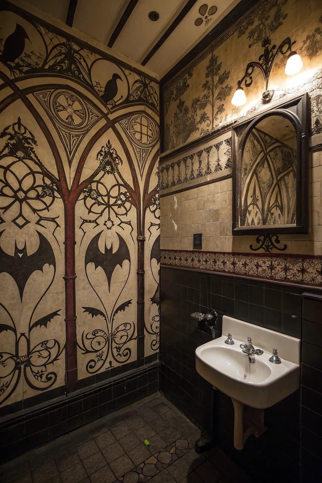 Gothic artwork adds character and mystery to the space.