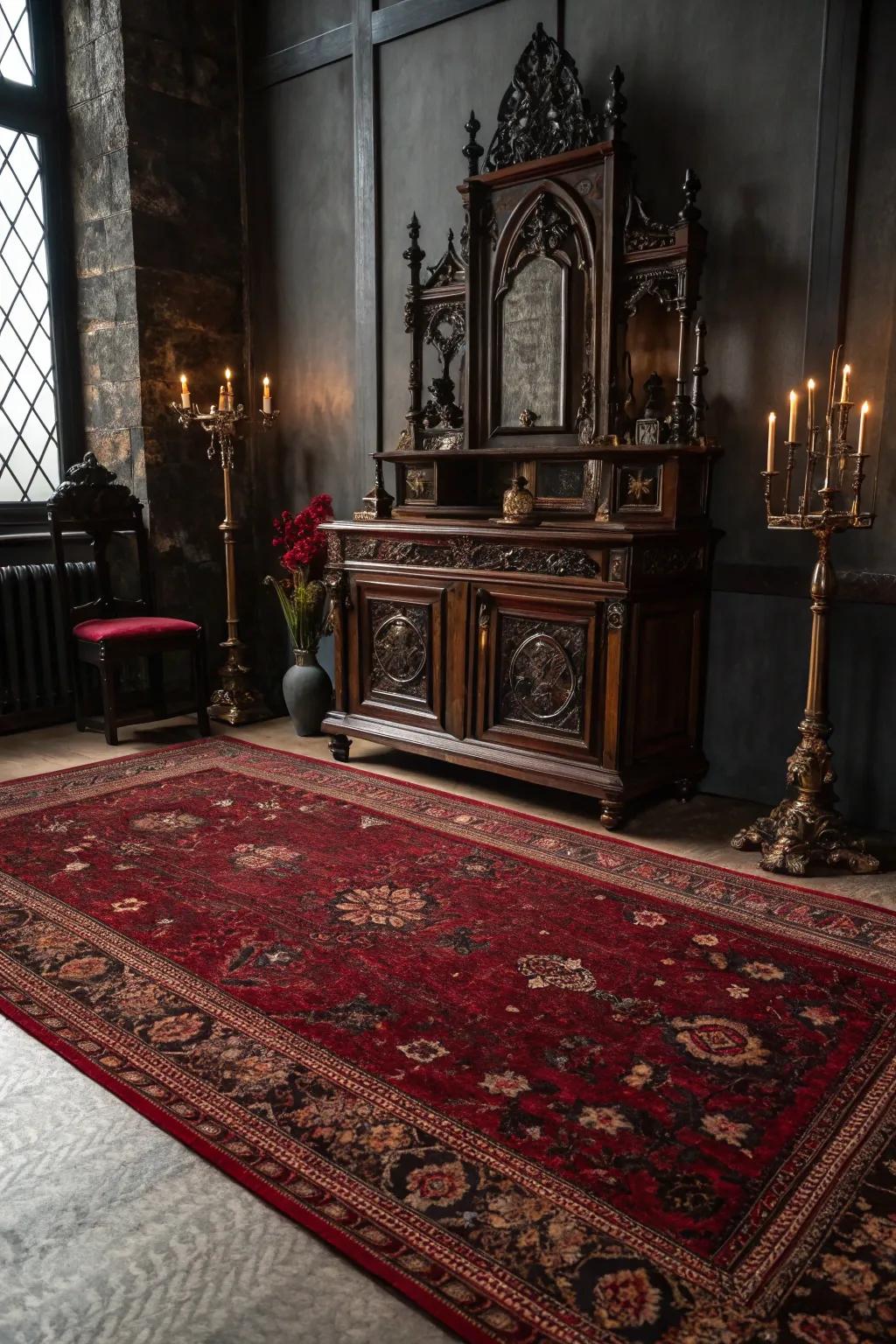 A rich floor covering adds warmth and completes the shadowed look.