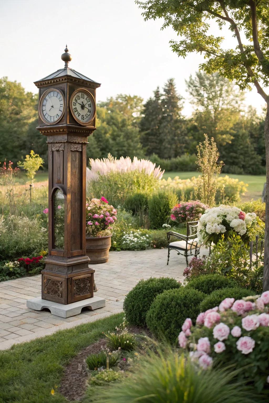 A tall case clock adds whimsy and charm to an outdoor garden area.