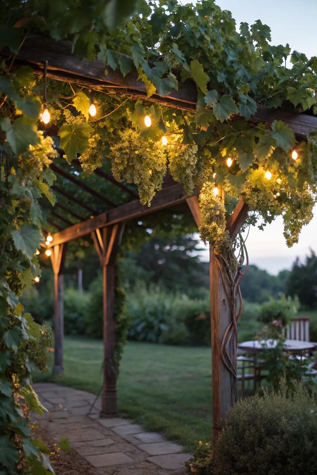 Solar illuminations transmute a vineyard arbor into a bewitching twilight retreat.