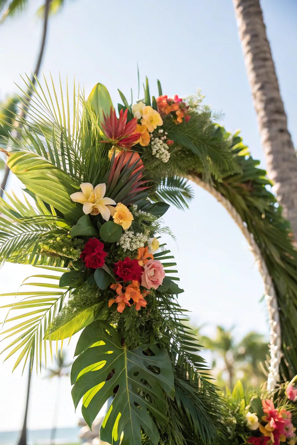 A tropical-themed grapevine wreath featuring fronds.