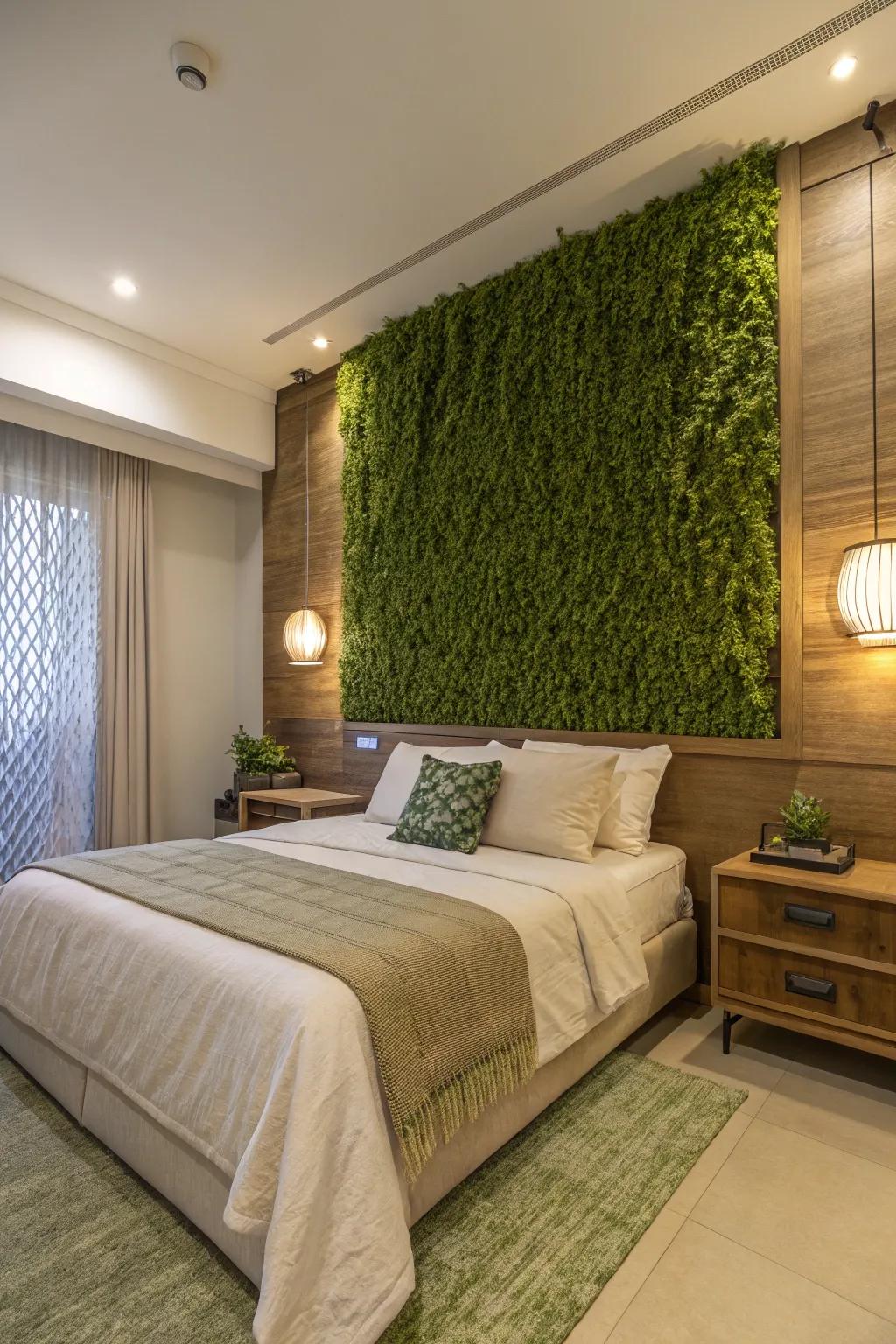 A serene grass wall establishes a tranquil ambiance in the boudoir for restorative slumber.