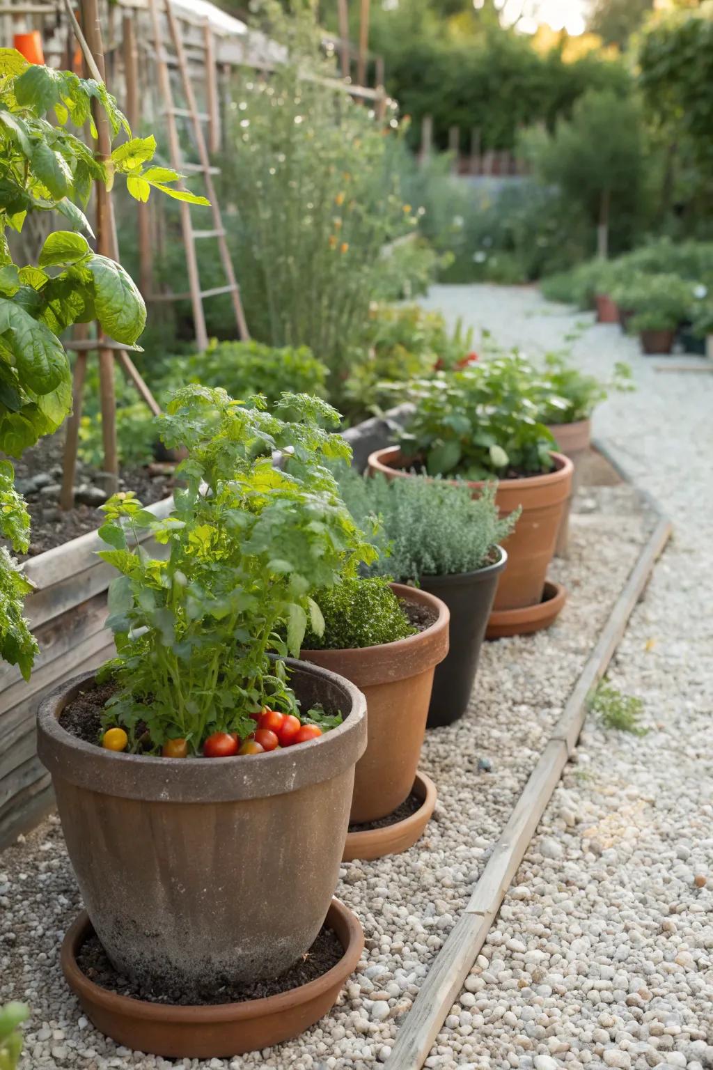 Consumable flora enrich both the aesthetic and utilitarian aspects of the gravel garden.