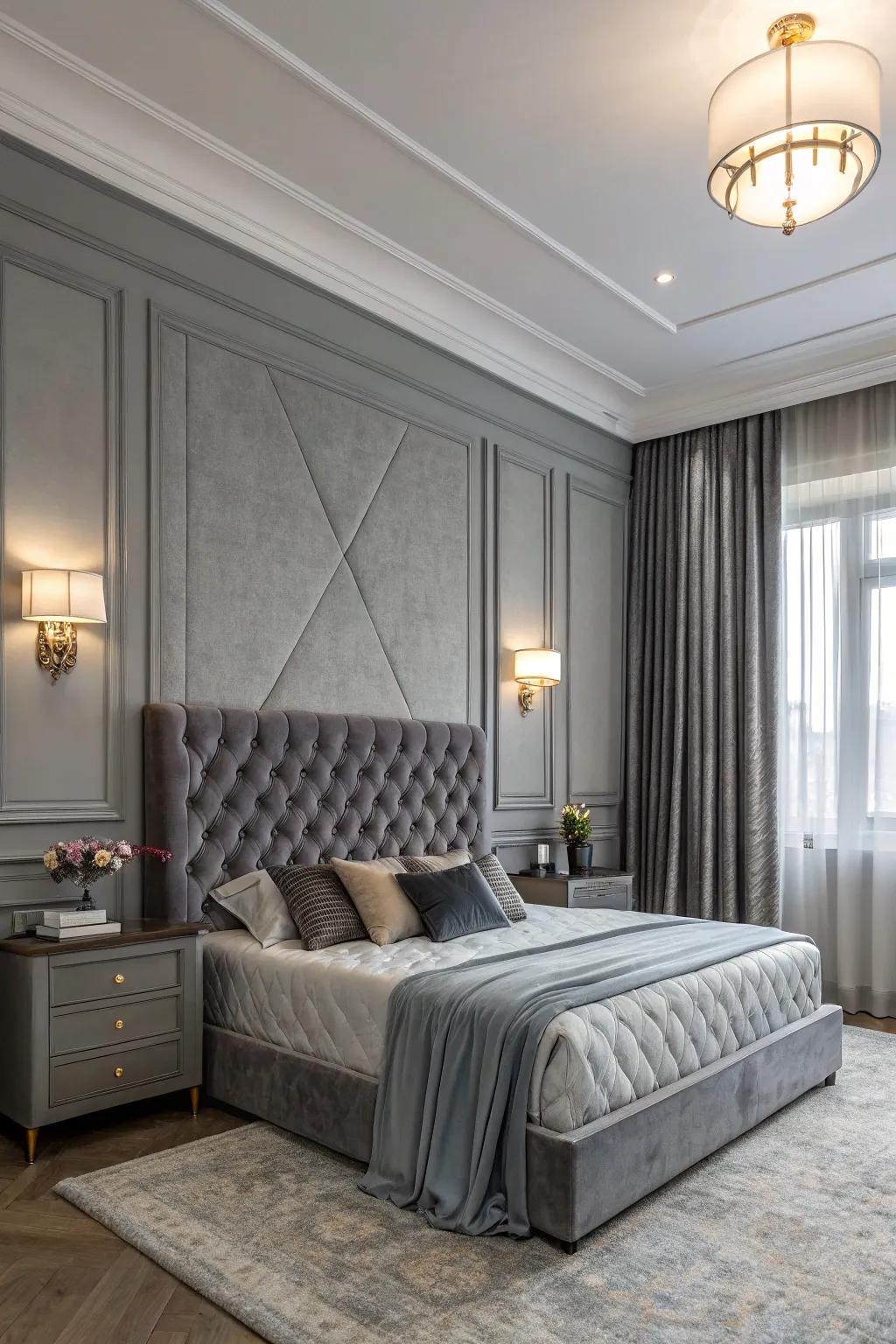 A sophisticated gray bedroom displaying deluxe velvet.