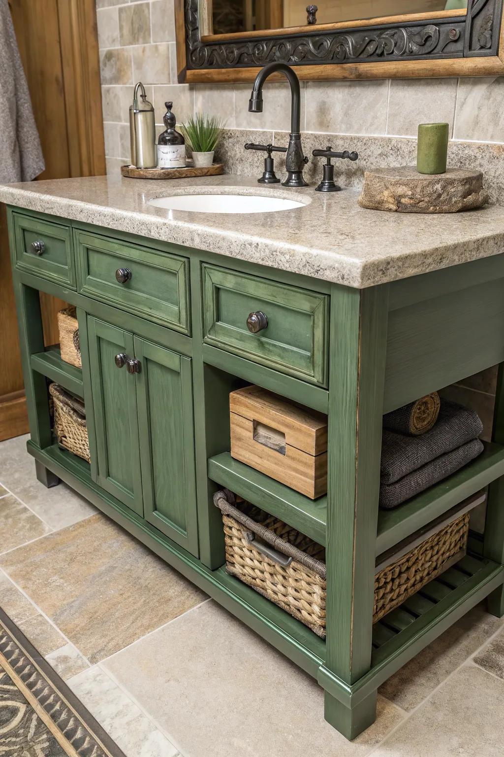 Green console complemented by a mix of materials for a dynamic aesthetic.